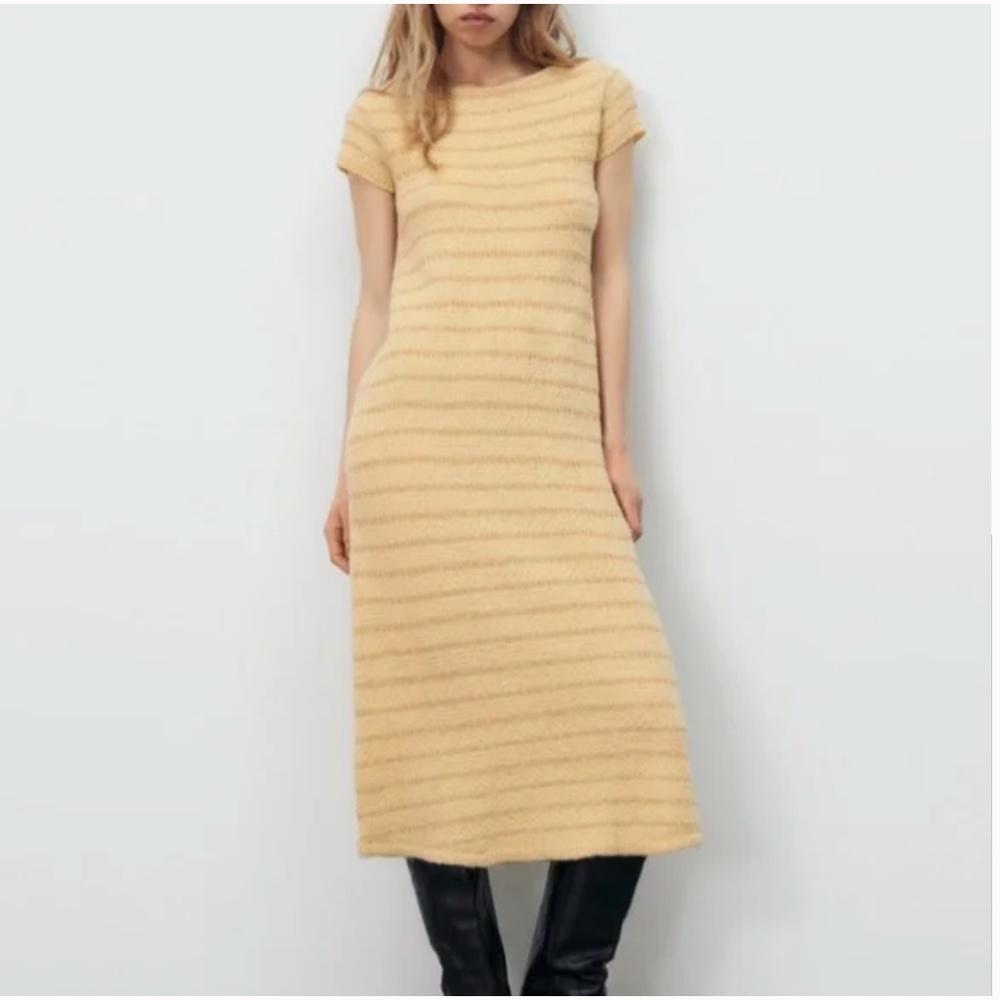 Zara golden yellow touch of wool knit midi dress metallic contrast details NWT